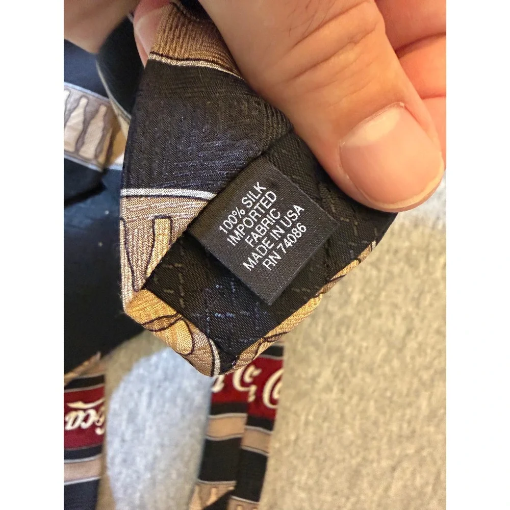 Vintage Coca-Cola Silk Tie Mens Navy Burgundy Striped Bottle Logo Made in USA